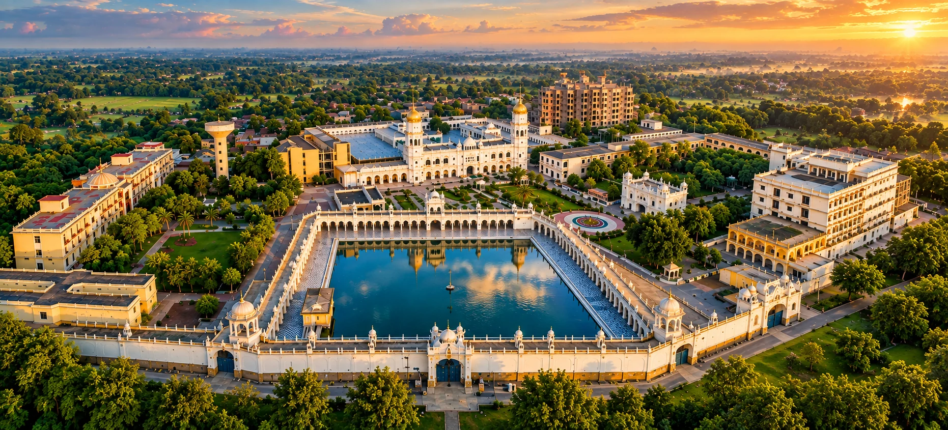 Artistic rendering of Gurdwara Janam Asthan and its sarovar, Nankana Sahib